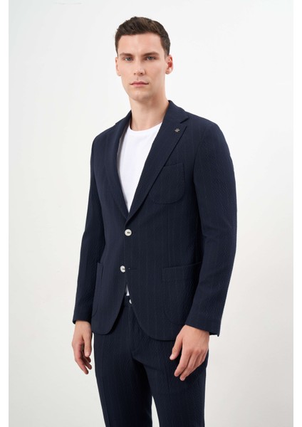 Erkek Lacivert Poliviskon Trend Çizgili Desen Slim Fit Mono Yaka Takım Elbise