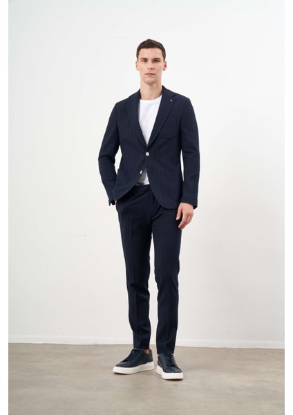 Erkek Lacivert Poliviskon Trend Çizgili Desen Slim Fit Mono Yaka Takım Elbise