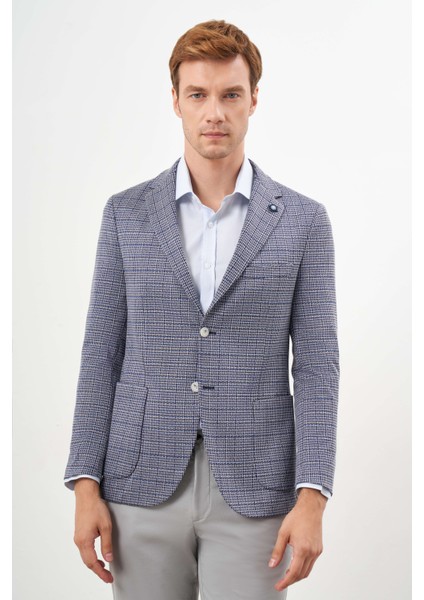 Erkek Mavi Örme Slim Fit Torba Cep Mono Yaka Spor Ceket
