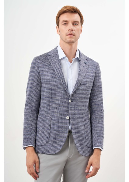 Erkek Mavi Örme Slim Fit Torba Cep Mono Yaka Spor Ceket