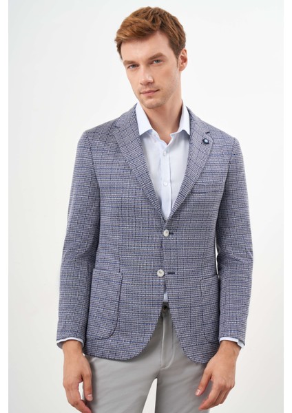 Erkek Mavi Örme Slim Fit Torba Cep Mono Yaka Spor Ceket
