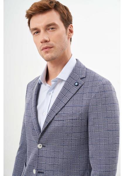 Erkek Mavi Örme Slim Fit Torba Cep Mono Yaka Spor Ceket