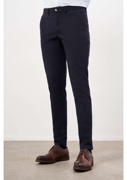 Erkek Lacivert Mevsimlik Pamuk Yan Cep Slim Fit Chino Pantolon