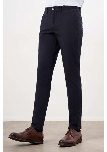 Erkek Lacivert Mevsimlik Pamuk Yan Cep Slim Fit Chino Pantolon