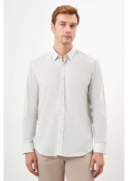 Erkek Çağla Yeşili Pamuk Çizgili-Panolu Italyan Yaka Regular Fit Gömlek