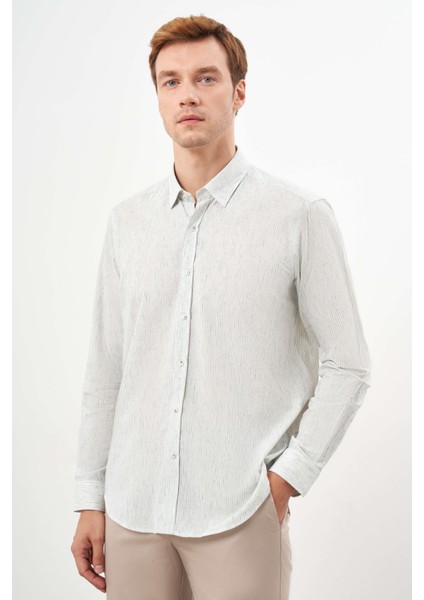 Erkek Çağla Yeşili Pamuk Çizgili-Panolu Italyan Yaka Regular Fit Gömlek fiyatları
