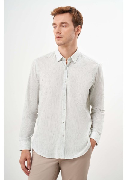 Erkek Çağla Yeşili Pamuk Çizgili-Panolu Italyan Yaka Regular Fit Gömlek modelleri