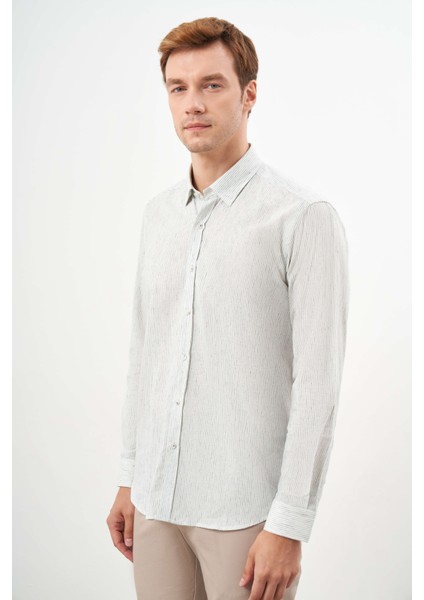 Erkek Çağla Yeşili Pamuk Çizgili-Panolu Italyan Yaka Regular Fit Gömlek fırsatları