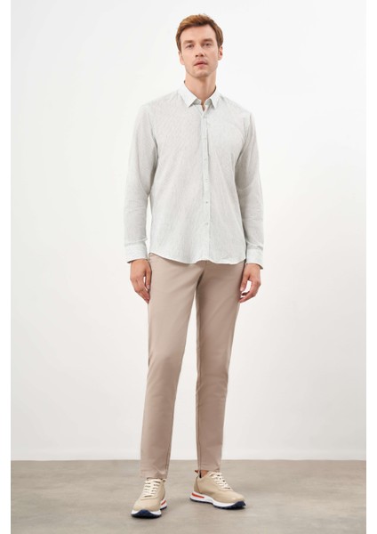 Erkek Çağla Yeşili Pamuk Çizgili-Panolu Italyan Yaka Regular Fit Gömlek indirimleri