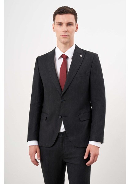 Erkek Siyah Poliviskon Trend Desenli Slim Fit Sivri Yaka Takım Elbise