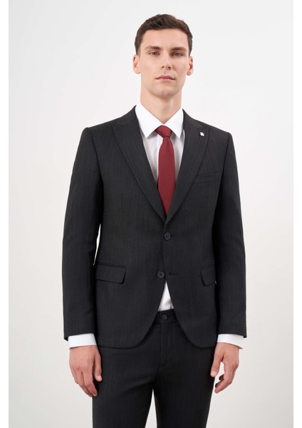 Erkek Siyah Poliviskon Trend Desenli Slim Fit Sivri Yaka Takım Elbise fiyatları