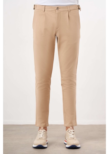 Erkek Açık Kahve Yazlık Pileli Slim Fit Chino Pantolon