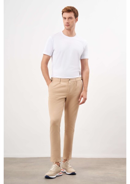 Erkek Açık Kahve Yazlık Pileli Slim Fit Chino Pantolon indirimleri