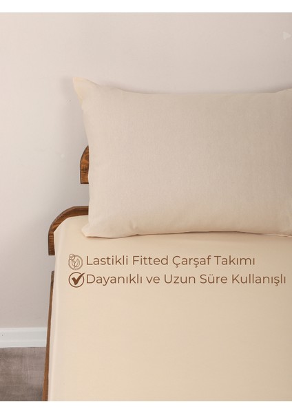 Rozet Tekstil Bej Lastikli Çarşaf Takımı Fitted Pamuklu Dokuma Kumaş Yastık Kılıflı