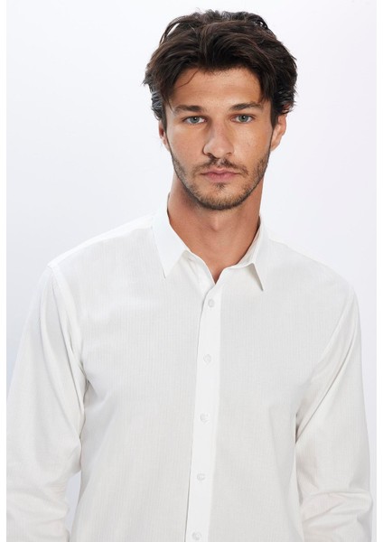 Erkek Modern Fit Dar Kesim %100 Pamuk Armürlü Premium Beyaz Gömlek fiyatları