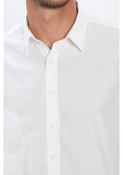Erkek Modern Fit Dar Kesim %100 Pamuk Armürlü Premium Beyaz Gömlek modelleri