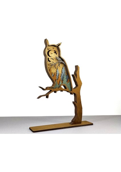 Ahşap Mdf Çok Katmanlı Gece Temalı Dalda Baykuş Dekoratif Obje