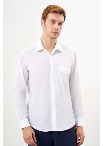 Erkek Beyaz Basic Düz Desen Cepli Sert Yaka Regular Fit Gömlek fiyatları