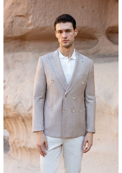 Erkek Bej Kruvaze Slim Fit Torba Cep Sivri Yaka Spor Ceket