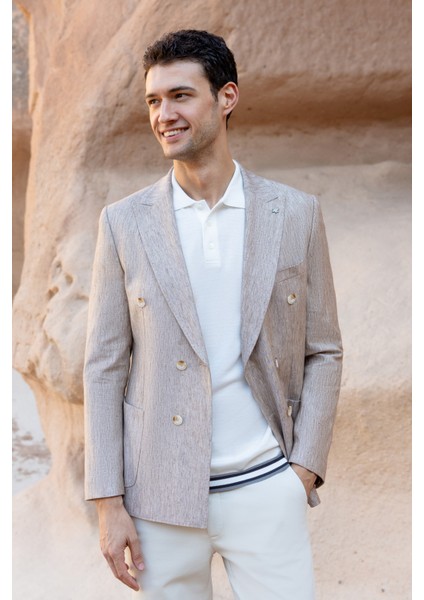 Erkek Bej Kruvaze Slim Fit Torba Cep Sivri Yaka Spor Ceket fiyatları