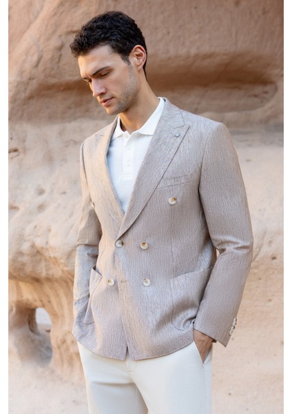 Erkek Bej Kruvaze Slim Fit Torba Cep Sivri Yaka Spor Ceket modelleri