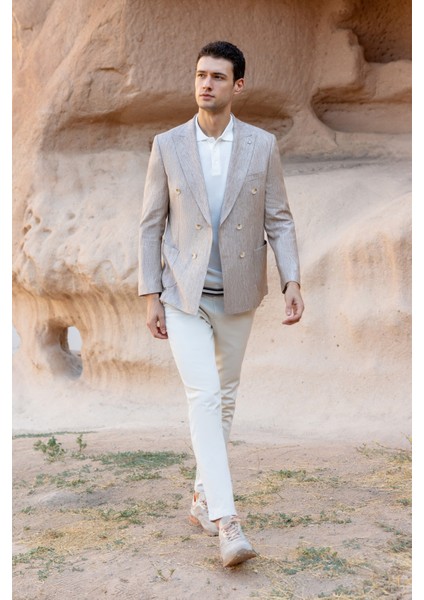 Erkek Bej Kruvaze Slim Fit Torba Cep Sivri Yaka Spor Ceket fırsatları