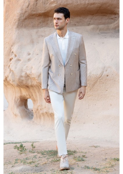 Erkek Bej Kruvaze Slim Fit Torba Cep Sivri Yaka Spor Ceket indirimleri