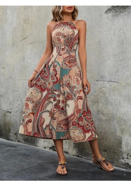 Kadın Kolsuz Boyundan Bağlamalı Beli Lastikli Etnik Desen Baskı Süprem Uzun Elbise fırsatları