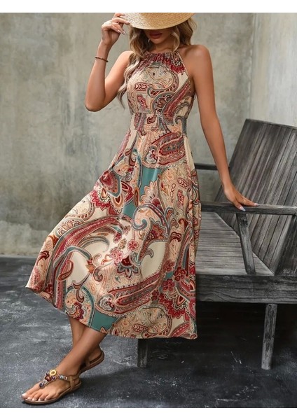 Kadın Kolsuz Boyundan Bağlamalı Beli Lastikli Etnik Desen Baskı Süprem Uzun Elbise indirimleri