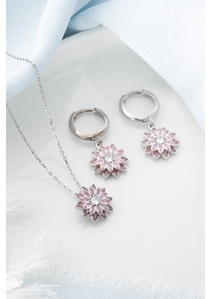 Silvano Jewelry 925 Ayar Gümüş Pembe Taşlı Kolye Küpe Set