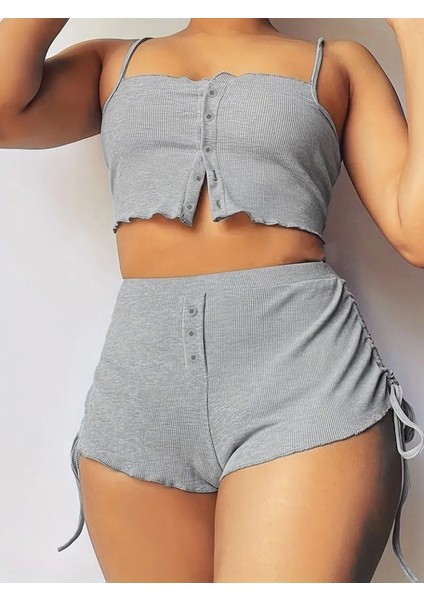 Kadın Ip Askılı Crop Bluz ve Yanlardan Büzgülü İkili Kaşkorse Short Takım