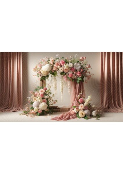 Çiçek Aranjmanlı Romantik Etkinlik ve Düğün Fon Perdesi - Zarif ve Canlı Renklerde Tasarım, Pembe ve Beyaz Çiçekler, 200X150CM Arkaplan, Duvar Örtüsü