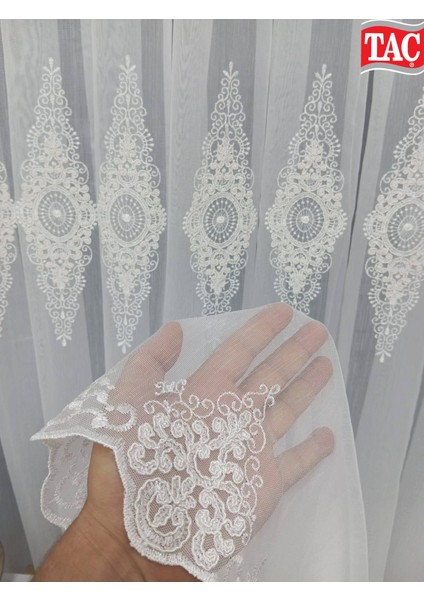 Taç Nakışlı Kort Damask Salon Model Tarz Tasarım Optima Exculusive 3 Kat Pileli Tül Perde