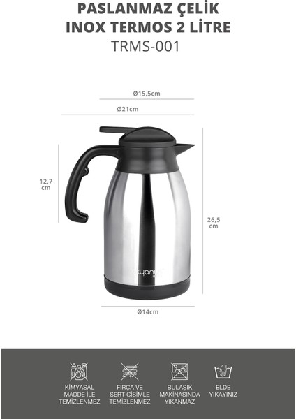 2 Litre Paslanmaz Çelik Inox Termos
