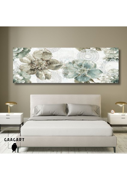 Uzun Panaromik Kanvas Tablo Yeşil Mavi Soft Büyük Çiçek Tasarım
