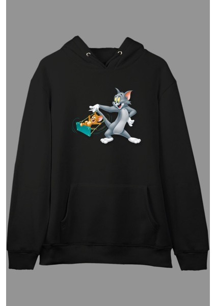 Unisex Tom ve Jerry Tasarım Baskılı Kapüşonlu Sweatshirt Hoodie