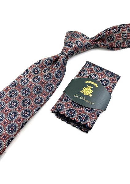 Turuncu - Siyah Motif Desen Mendilli Klasik Kravat KK12678