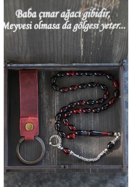 Gümüş Püsküllü Ateş Kehribar Tesbih Gerçek Deri Anahtarlık Set