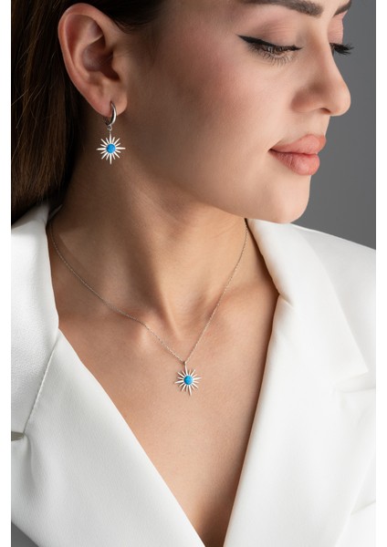 Silvano Jewelry 925 Ayar Gümüş Opal Taşlı Kutup Yıldızı (Kolye-Küpe) Seti