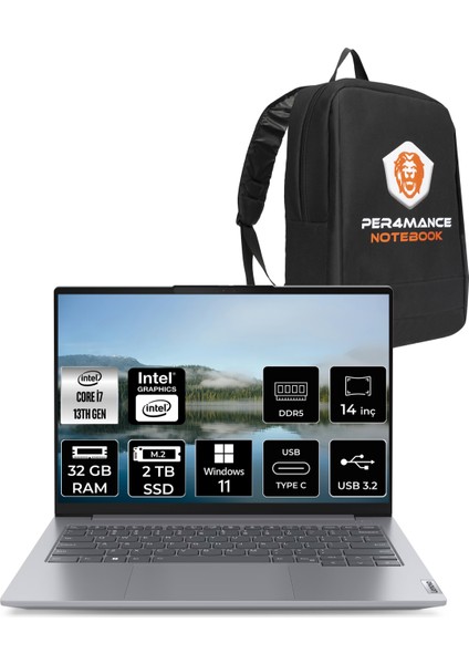 Thinkbook 14 G6 Irl Intel Core I7 13700H 32GB 2tb SSD 14" Fhd+ W11H Taşınabilir Bilgisayar & Per4 Çanta 21KG004NTRP359