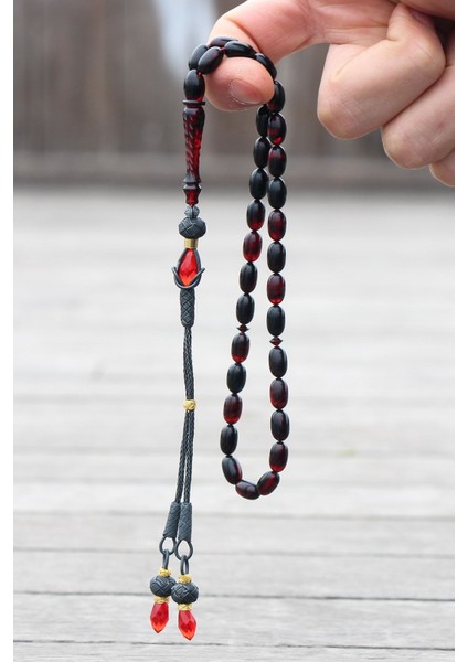 Gümüş Püsküllü Kırmızı Siyah Hareli Ateş Kehribar Tesbih