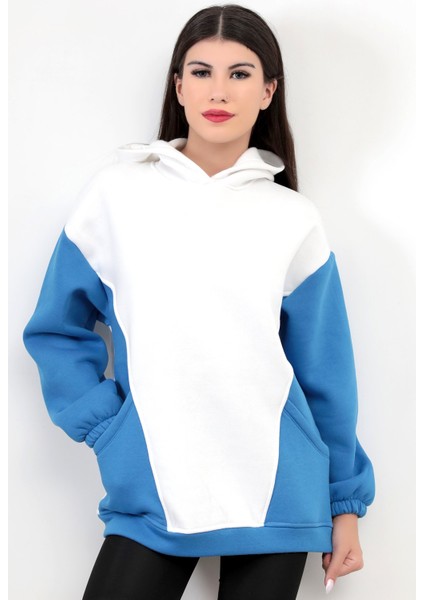 Kadın Kapüşonlu Oversize Beyaz Sweatshirt Mavi Garnili Üç İplik Yan Cepli Hoodie - 2598