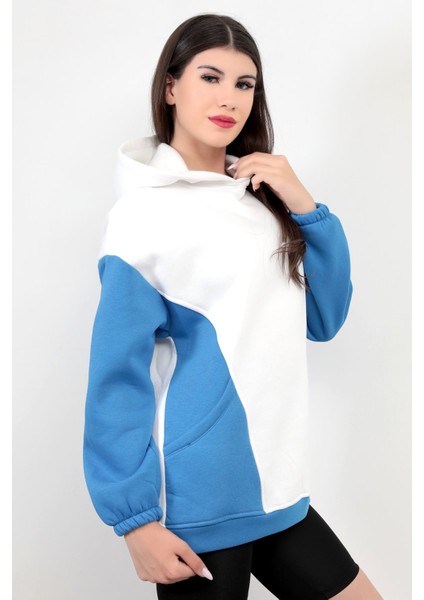 Kadın Kapüşonlu Oversize Beyaz Sweatshirt Mavi Garnili Üç İplik Yan Cepli Hoodie - 2598 modelleri