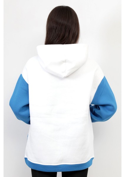 Kadın Kapüşonlu Oversize Beyaz Sweatshirt Mavi Garnili Üç İplik Yan Cepli Hoodie - 2598 fırsatları