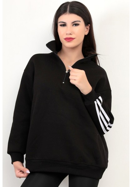 Kadın Oversize Sweatshirt Sırtı Şerit Detaylı Üç İplik Yarım Fermuar Dik Yaka Siyah - 25113