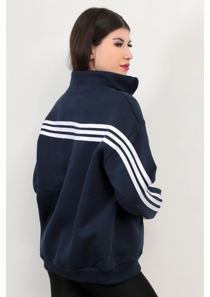 Kadın Oversize Sweatshirt Sırtı Şerit Detaylı Üç İplik Yarım Fermuar Dik Yaka Lacivert - 25113