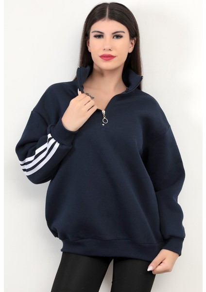 Kadın Oversize Sweatshirt Sırtı Şerit Detaylı Üç İplik Yarım Fermuar Dik Yaka Lacivert - 25113