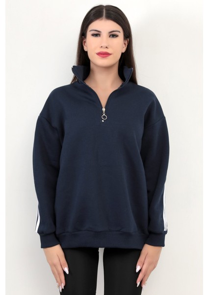 Kadın Oversize Sweatshirt Sırtı Şerit Detaylı Üç İplik Yarım Fermuar Dik Yaka Lacivert - 25113