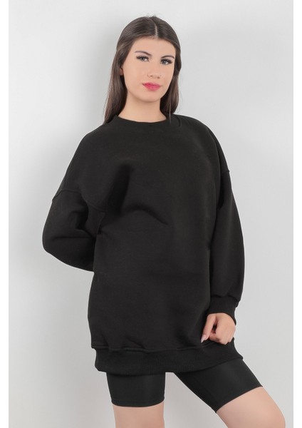 Siyah Dik Yaka Üç İplik Pamuk Karışımlı Kadın Oversize Sweatshirt - 2523