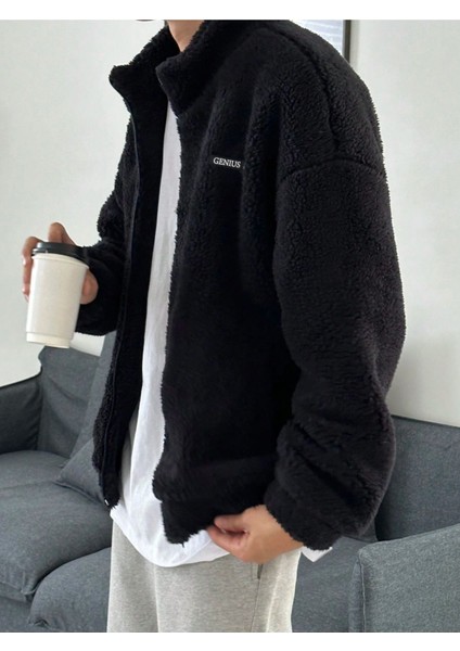 Genius Store Oversize Tam Fermuarlı Kuzu Sweatshirt Içi Polarlı Sherpa Kumaş Sweatshirt Siyah Xl